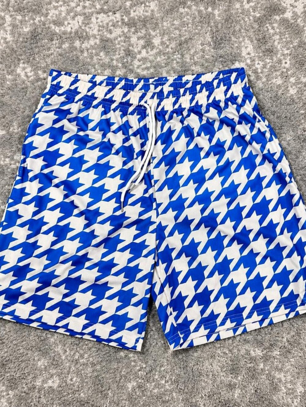 Blue White Houndstooth Mesh Athletic Shorts Streetwear Casual Basketball Gym